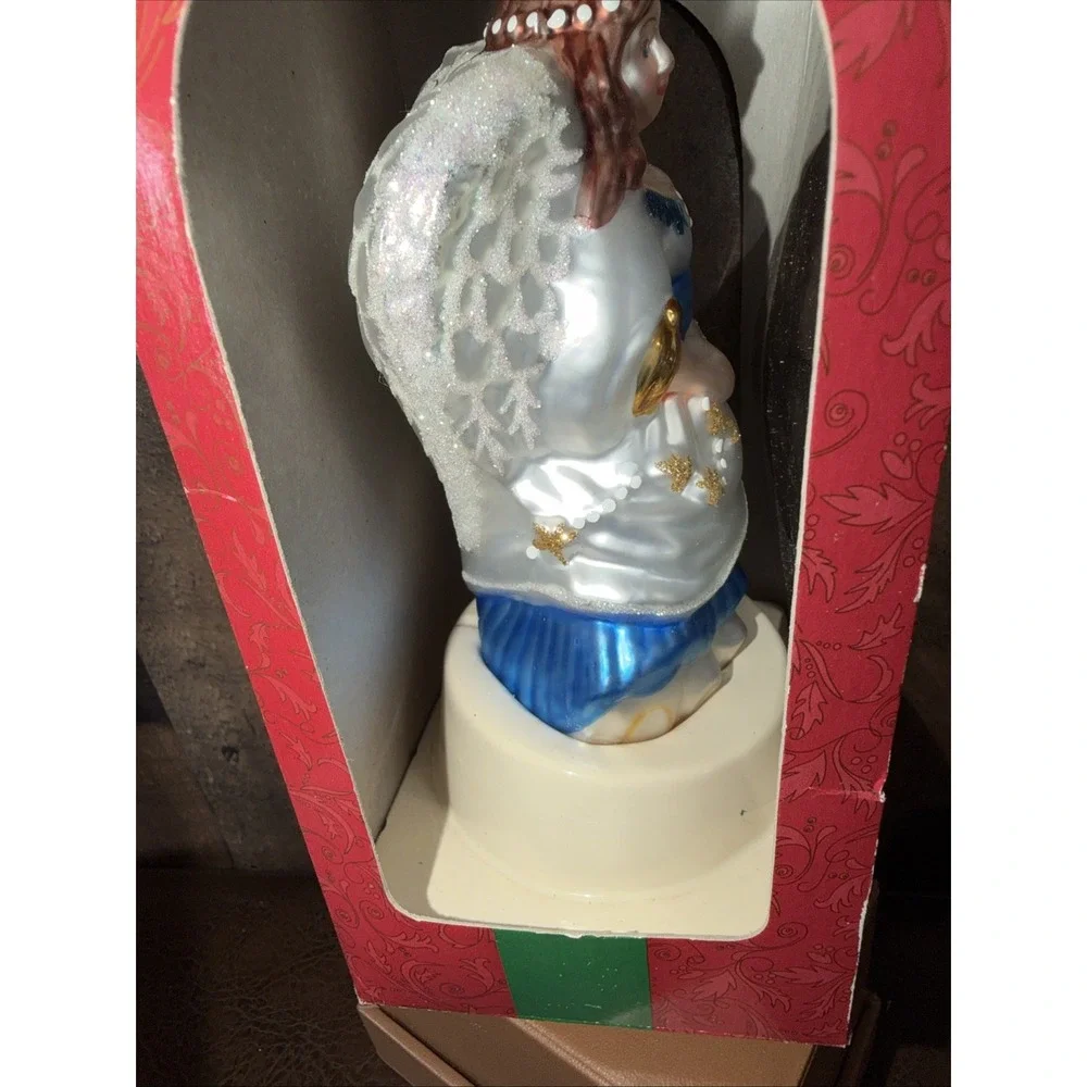 Vtg Brass Key Christmas Treasures Glass Angel Ornament Blue Gown Classic 2000